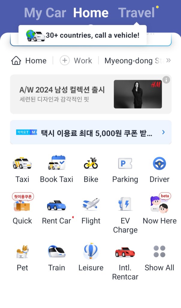 the main menu of Kakao Taxi which includes Kakao T-Pet, the pet friendly taxi service in Korea
