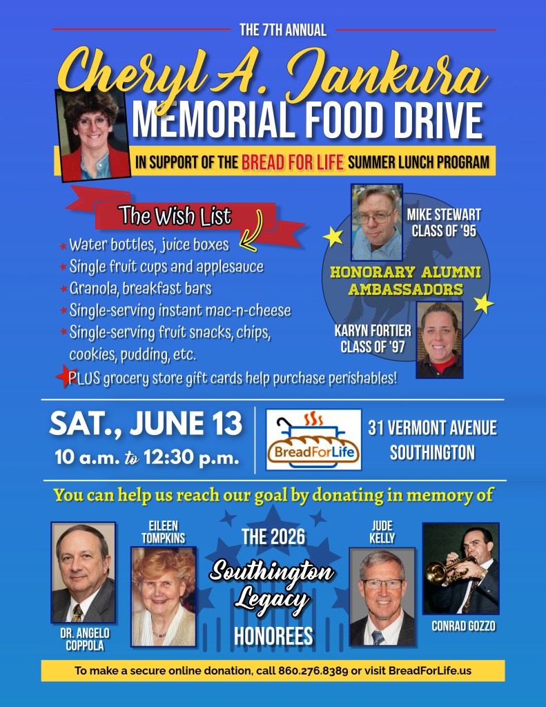cheryl a jankura memoral food drive poster with contact information and images of those being honored as well as ambassadors